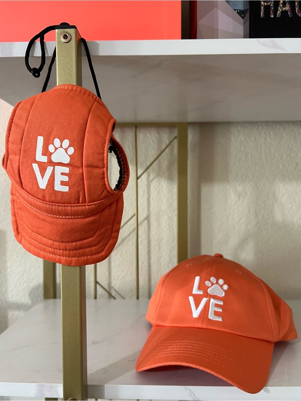 Adult and pet Orange 'LOVE' Paw Print Adjustable Hats Dog Size Medium